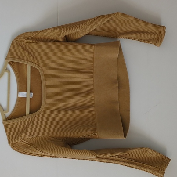 Off Line Aerie Square Neckline Long Sleeves Ribbed Cable Knit Mustard Pullover - Picture 2 of 5